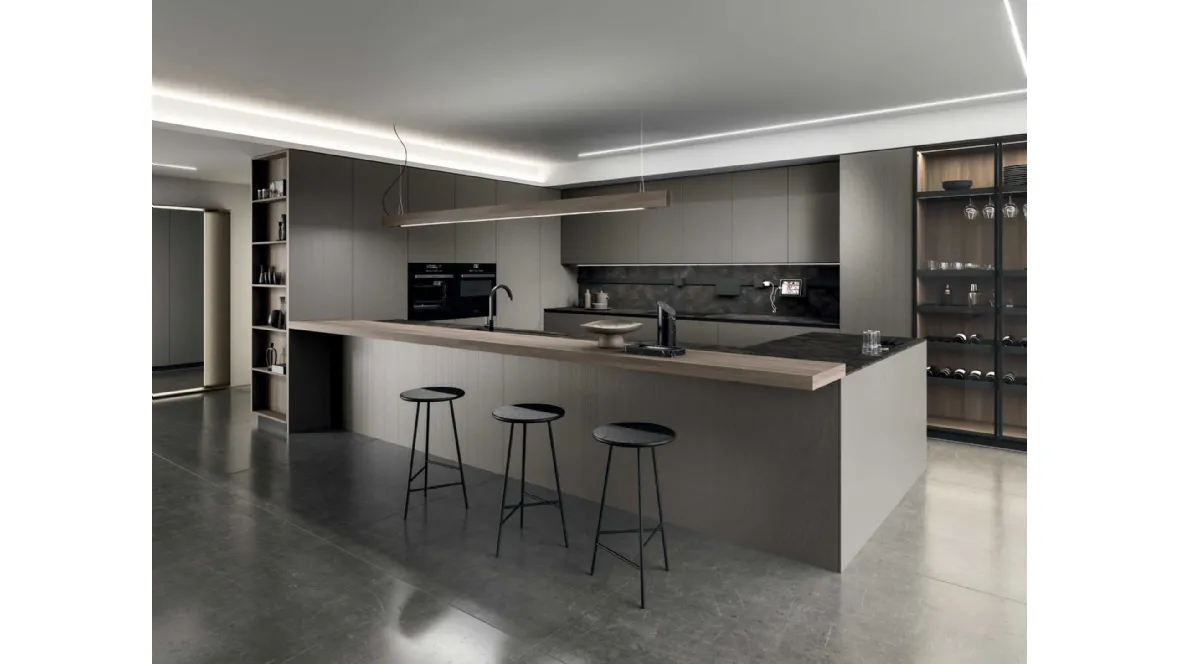 Cucina Design in melaminico termostrutturato sabbiato e top in laminato HPL Cesar brown stone con isola Ak Project 03 di Arrital