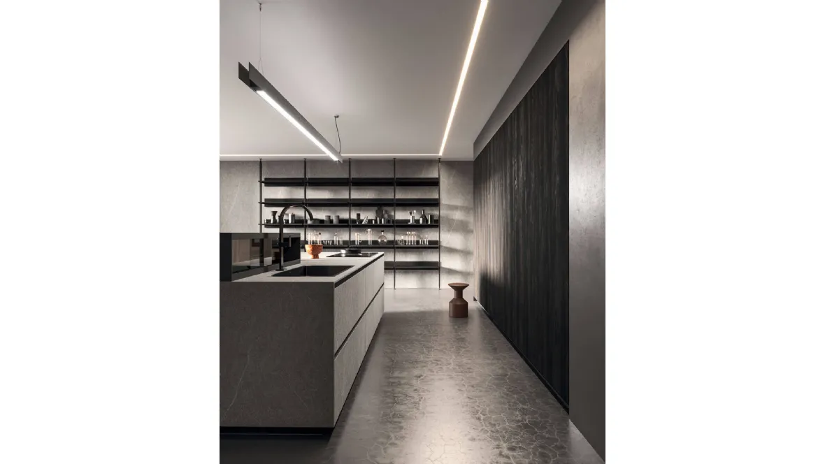 Cucina Design lineare in melaminico materico e termostrutturato con top in laminato HPL Ak Project 04 di Arrital