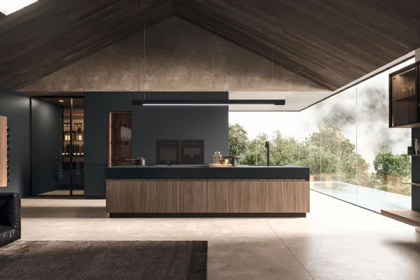 Cucina Design lineare in melaminico termostrutturato sabbiato Noce e top in Fenix nero Ak Project 05 di Arrital