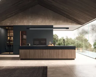 Cucina Design lineare in melaminico termostrutturato sabbiato Noce e top in Fenix nero Ak Project 05 di Arrital