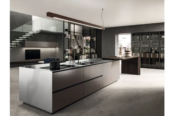 Cucina Design lineare in laccato metal brown e rovere spazzolato con top in acciaio inox satinato Ak Project 06 di Arrital