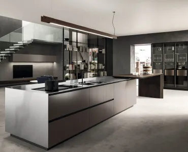 Cucina Design lineare in laccato metal brown e rovere spazzolato con top in acciaio inox satinato Ak Project 06 di Arrital