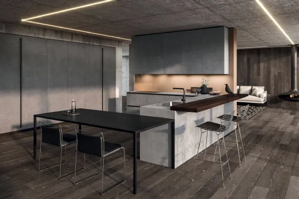 Cucina Design angolare in melaminico termostrutturato con penisola e top in laminato HPL Ak Project 07 di Arrital