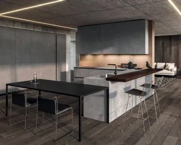 Cucina Design angolare in melaminico termostrutturato con penisola e top in laminato HPL Ak Project 07 di Arrital