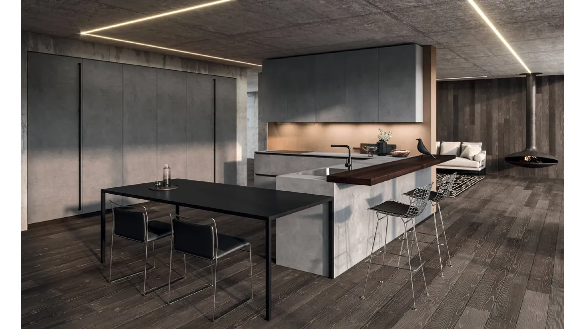 Cucina Design angolare in melaminico termostrutturato con penisola e top in laminato HPL Ak Project 07 di Arrital