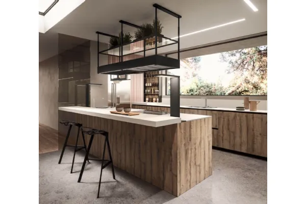 Cucina Design lineare in melaminico termostrutturato sabbiato rovere e top in laminato HPL seta Ak Project 08 di Arrital
