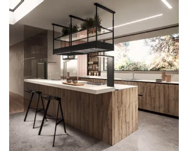 Cucina Design lineare in melaminico termostrutturato sabbiato rovere e top in laminato HPL seta Ak Project 08 di Arrital