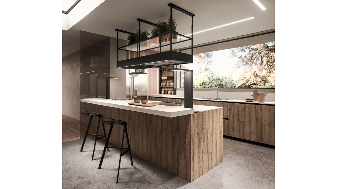 Cucina Design lineare in melaminico termostrutturato sabbiato rovere e top in laminato HPL seta Ak Project 08 di Arrital