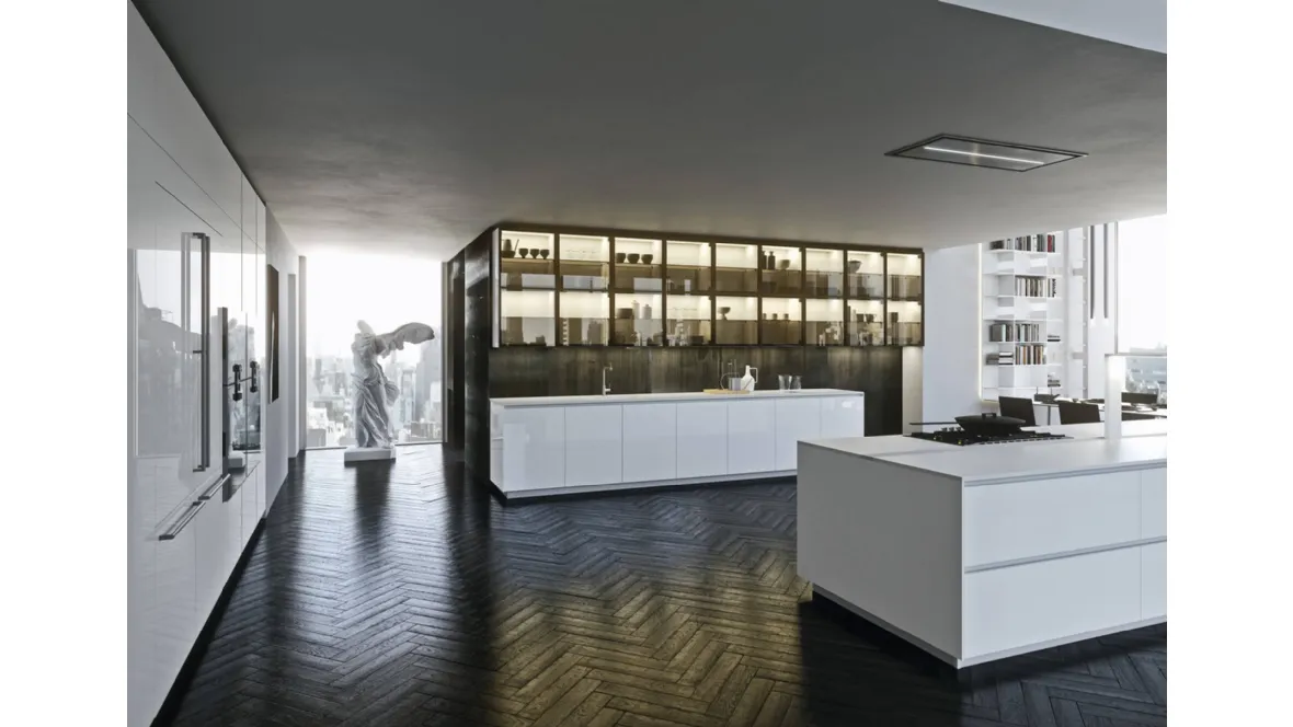 Cucina Design in laccato bianco puro lucido e top in agglomerato di quarzo bianco con isola Ak Project 10 di Arrital