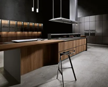 Cucina Design lineare in impiallacciato Noce Canaletto con top in agglomerato di quarzo AkB 08 03 di Arrital