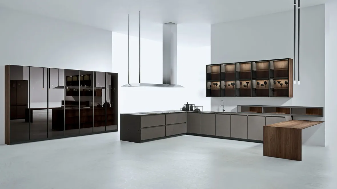 Cucina Design angolare in Fenix Bronzo con bancone in impiallacciato Noce Canaletto AkB 08 03 di Arrital