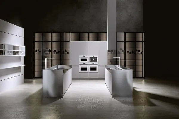 Cucina Design in laccato grigio chiaro con top in acciaio inox satinato AkB 08 05 di Arrital