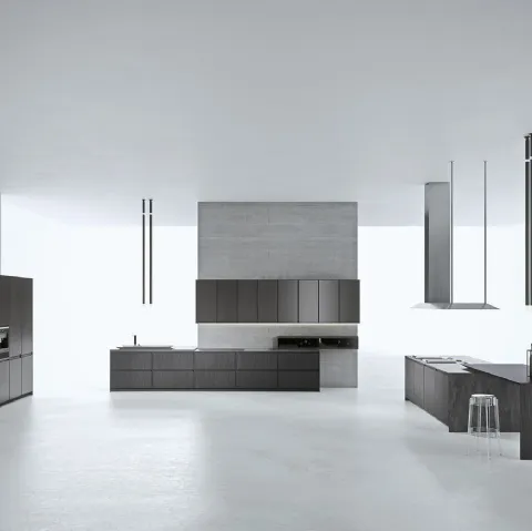 Cucina Design lineare in impiallacciato Tissue Tecno con top in gres Savoia Antracite AkB 08 06 di Arrital