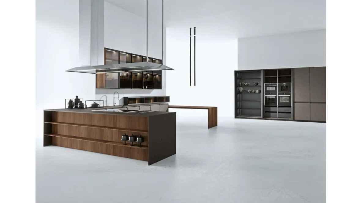 Cucina Design con penisola AkB 08 04 in Fenix Bronzo e Noce Canaletto di Arrital