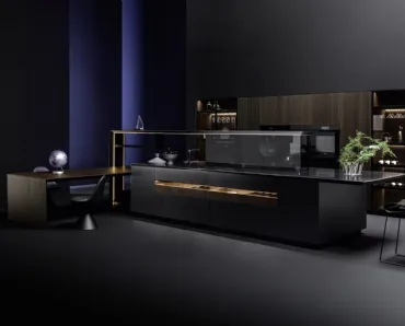 Cucina Design con isola Nautila 01 in laccato Texture 3d sand nero con top in acciaio inox di Arrital