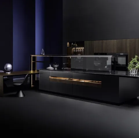 Cucina Design con isola Nautila 01 in laccato Texture 3d sand nero con top in acciaio inox di Arrital