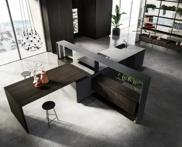 Cucina Design con isola Nautilia 05 in Fenix NTM grigio bromo e Rovere fumè di Arrital