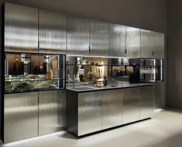 Cucina Design lineare Maxima 2-2 Mirror in vetro specchio cannettato e top in acciaio di Cesar