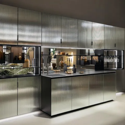 Cucina Design lineare Maxima 2-2 Mirror in vetro specchio cannettato e top in acciaio di Cesar