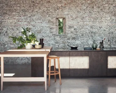 Cucina Design con penisola Maxima Welcome Lightness in melaminico Ossido Ghisa con top in acciaio inox mat e penisola in Rovere Nordico di Cesar