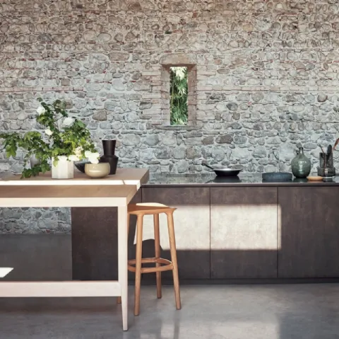 Cucina Design con penisola Maxima 2-2 Welcome Lightness in melaminico Ossido Ghisa con top in acciaio inox mat e penisola in rovere nordico di Cesar