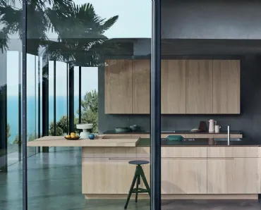 Cucina Design lineare con penisola N_Elle Living by the sea in essenza di Rovere Nordico di Cesar