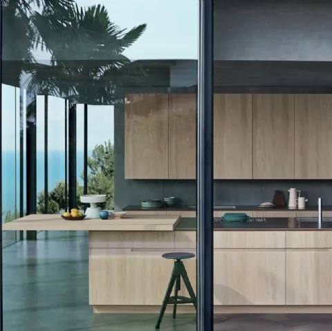 Cucina Design lineare con penisola N_Elle Living by the sea in essenza di Rovere Nordico di Cesar