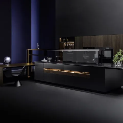 Cucina Design lineare Nautila 01 in laccato Texture 3d sand nero con top in acciaio inox di Arrital