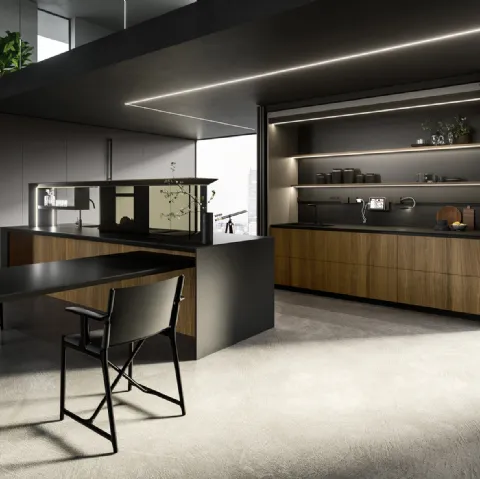 Cucina Design con isola Nautila 04 in Noce Canaletto con top in gres nero natural di Arrital