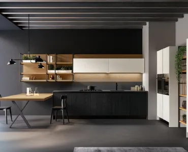 Cucina Moderna lineare Asia in laccato poro aperto Bianco e Nero opaco con top HPL Fenix Nero di Arredo3