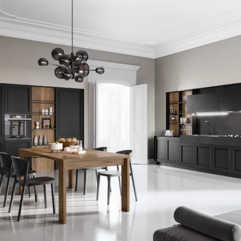 Cucina Moderna lineare in laccato poro aperto Nero e finitura Noce America Frida Modern di Arredo3