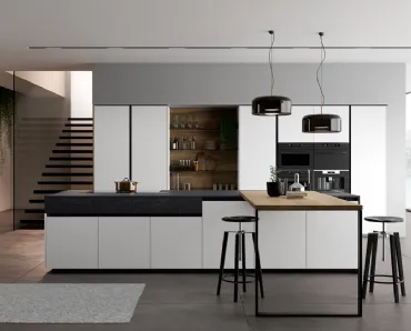 Cucina Moderna Glass 2 0 in vetro opaco bianco puro con penisola in laminato Noce Imperial di Arredo3