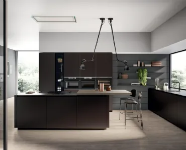 Cucina Moderna con isola in vetro opaco Caffè e penisola in impiallacciato Rovere safari Glass 2 0 di Arredo3