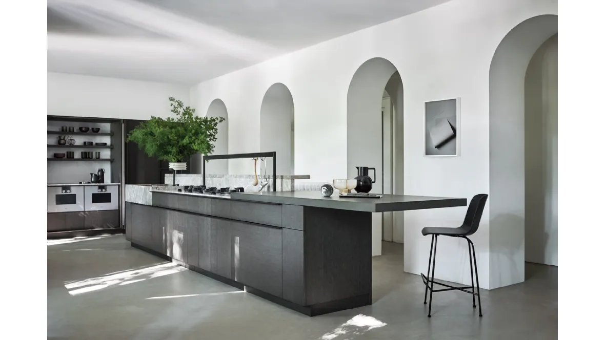 Cucina Moderna lineare Intarsio Classical Future in Rovere Fossile con Lavello in marmo Grigio di Cesar