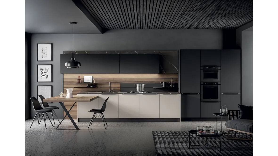 Cucina Moderna Kalì in laccato Fango e Nero opaco e laminato Noce America di Arredo3