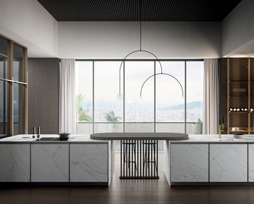 Cucina Moderna in laminam statuarietto con penisola Kronos di Arredo3