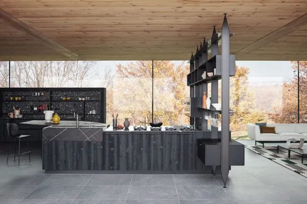 Cucina Moderna con penisola Maxima Natural Sharing in essenza anticata Tabià Nero e top in marmo di Cesar