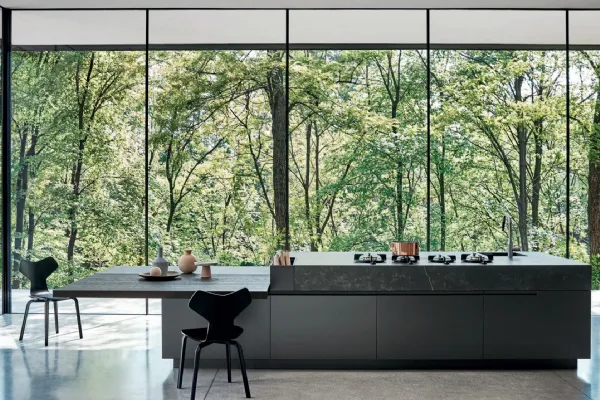 Cucina Moderna lineare Maxima Peaceful Wilderness in laccato seta Titanio e top in Dekton Kelya di Cesar