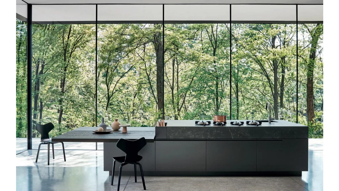 Cucina Moderna lineare Maxima Peaceful Wilderness in laccato seta Titanio e top in Dekton Kelya di Cesar