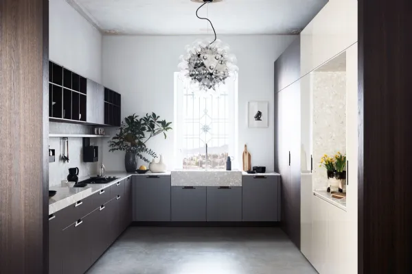 Cucina Moderna angolare Maxima Rational Levity in melaminico Lutezio e top in seminato Bianco Apuano di Cesar