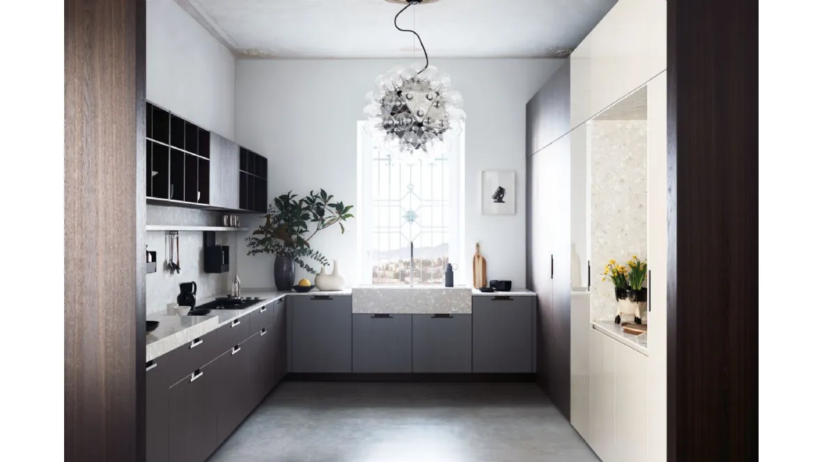Cucina Moderna angolare Maxima Rational Levity in melaminico Lutezio e top in seminato Bianco Apuano di Cesar