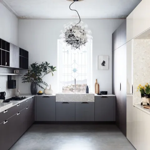 Cucina Moderna angolare Maxima Rational Levity in melaminico Lutezio e top in seminato Bianco Apuano di Cesar