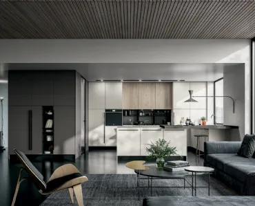 Cucina Moderna Round angolare con penisola in laminato Seta Bianco e Roccia con top in Quarzo di Arredo3