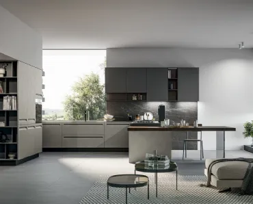 Cucina Moderna angolare in Pet opaco resina polvere, pensili in polimerico opaco lavagna e top in pietra grey con penisola Tekna di Arredo3
