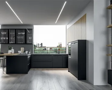 Cucina Moderna angolare Tekna in polimerico Nero opaco e laminato Rovere biondo di Arredo3