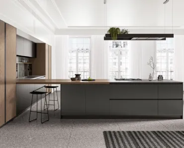 Cucina Moderna angolare in laccato metallizzato ossidato con penisola e colonne in laminato Rovere Safari Time di Arredo3