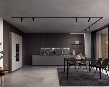 Cucina Moderna lineare in laminato Resina Cromo e impiallacciato Coke con top in ceramica effetto Marmo Nero rigato Wega di Arredo3