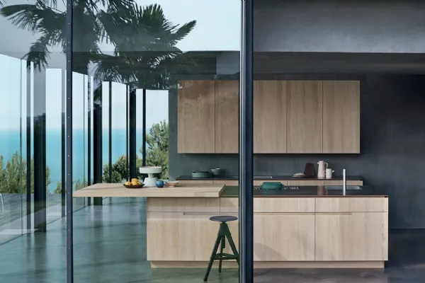 Cucina su misura lineare con penisola N_Elle Living by the sea in essenza di Rovere Nordico di Cesar
