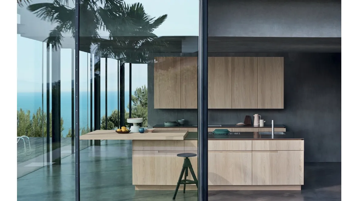 Cucina su misura lineare con penisola N_Elle Living by the sea in essenza di Rovere Nordico di Cesar